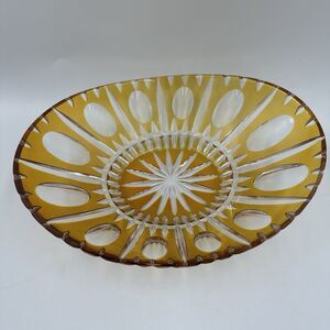 Vintage Amber Cut Crystal Oval Console Bowl Starburst Centerpiece Dish 9” Decor